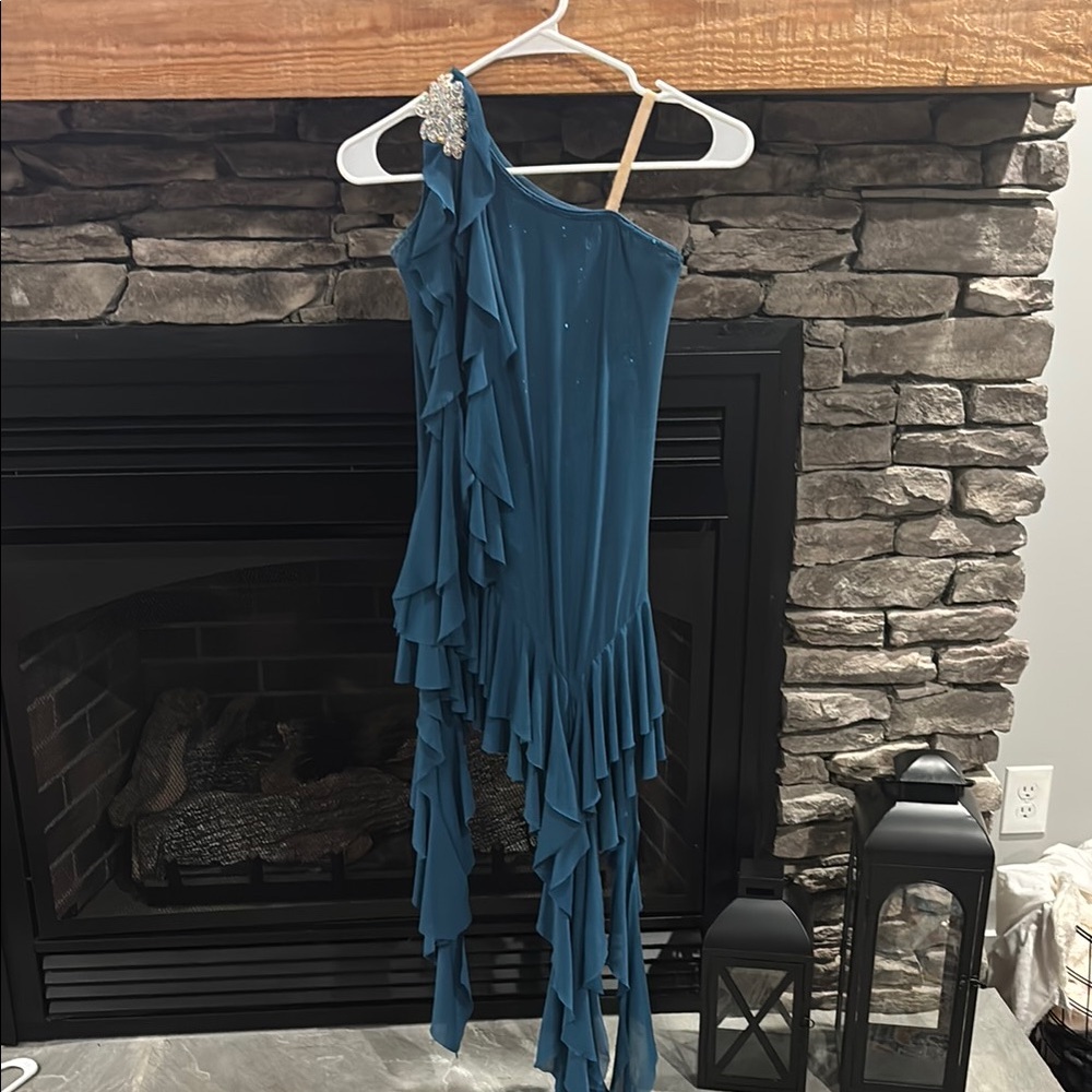 Vibrant Blue Asymmetrical Dance Costume with Fringe